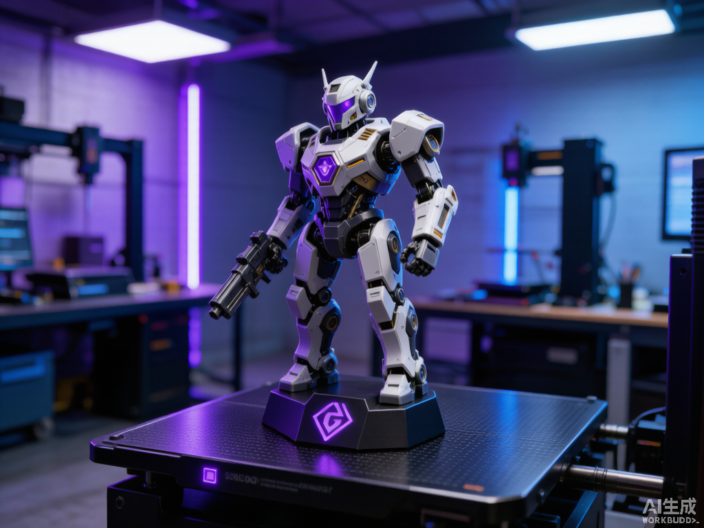 3D打印游戏IP周边：创想三维打印床上成型的机甲手办奖杯，霓虹紫蓝光影，Maker生态跨界
