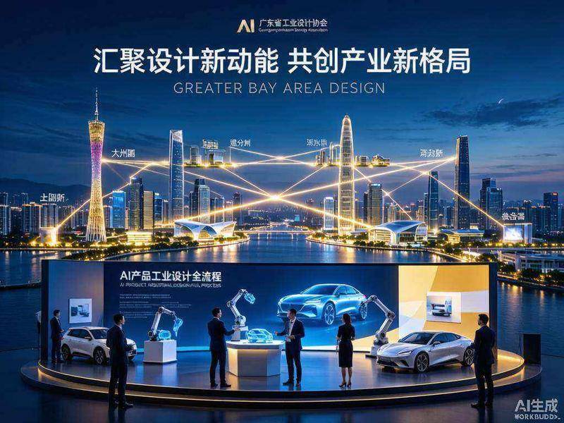 广货行天下·四城联动工业设计联盟概念图：广州塔、深圳平安大厦、佛山岭南天地、中山詹园通过光带相连形成大湾区协同网络，AI机器人与设计师在产品研发环节协同工作