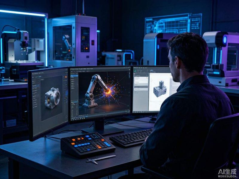 NVIDIA物理AI仿真概念图：工程师面前的Houdini三维界面叠加了实时光线追踪传感器仿真与物理引擎可视化效果，旁边一台机器人手臂正在进行数字孪生验证