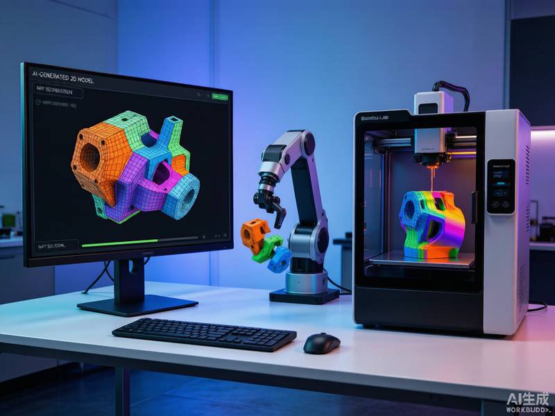 AI 3D生成模型到3D打印的完整工作流：左侧屏幕显示AI生成的千万面级高精度3D模型，中间展示智能部件分割与分色，右侧拓竹3D打印机正在多色打印成品