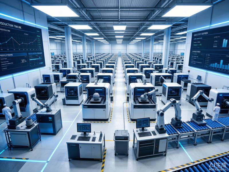 3D打印超级工厂内部全景：数百台工业级3D打印机整齐排列在明亮的车间中，自动化机械臂正在取件，中央控制大屏显示实时生产数据与量产订单进度