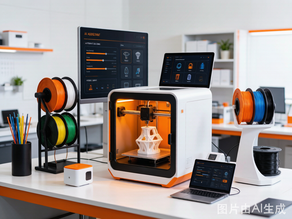 开放3D打印生态：现代桌面级3D打印机正在打印产品原型，屏幕显示AI自动切片参数与模型库