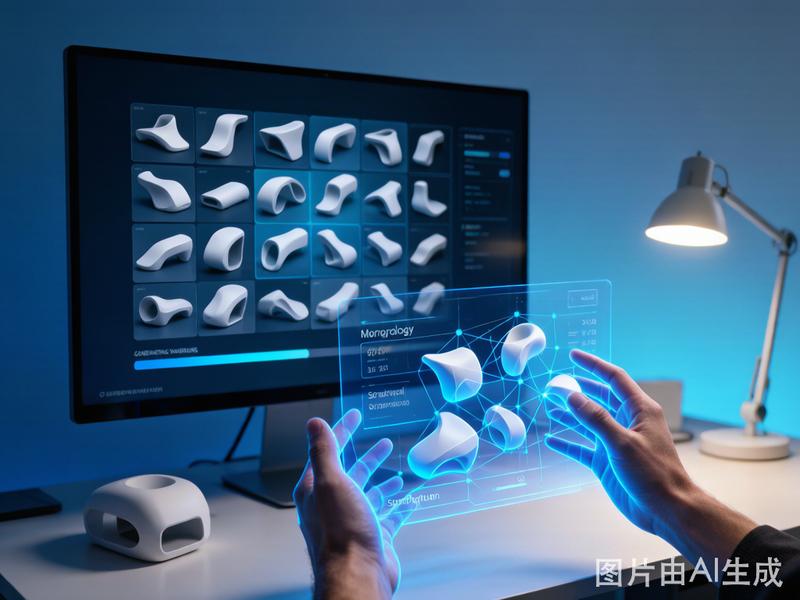 AI生成式设计重塑工业设计全流程：设计师在数字平台上通过AI工具协同进行概念生成、结构优化和工艺验证